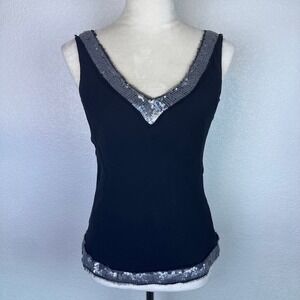 J.Crew Chic Black 100% Silk Sequin Trim V-Neck Tank Top Fringe Trim Size XS‎